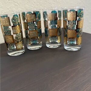 MCM Culver Carnival Highball Glasses with Gold and Turquoise Medallion